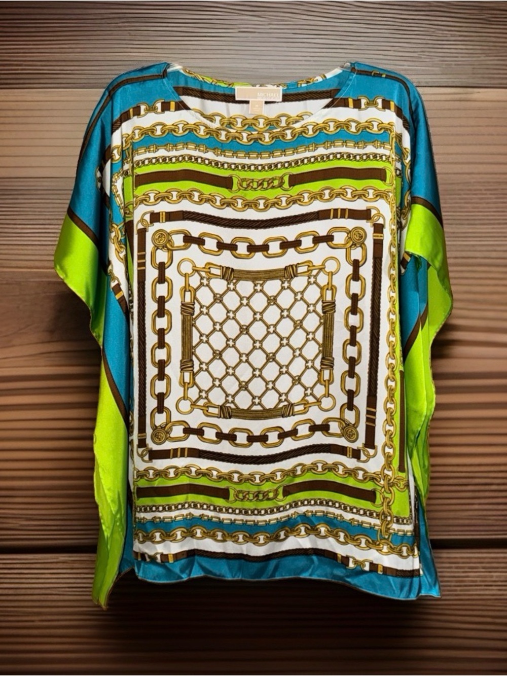 MICHAEL Michael Kors Silk-Feel Chain Print Scarf Blouse - Teal & Lime - M - EC